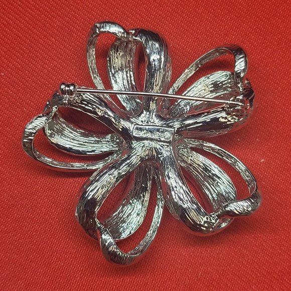Monet  Silver Tone Clear Rhinestone Bow Flower Brooch Looped Ribbon Pin - Picture 3 of 9